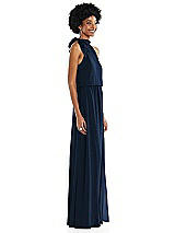 Side View Thumbnail - Midnight Navy Scarf Tie High Neck Blouson Bodice Maxi Dress with Front Slit