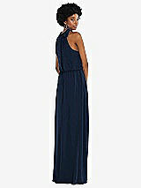 Rear View Thumbnail - Midnight Navy Scarf Tie High Neck Blouson Bodice Maxi Dress with Front Slit