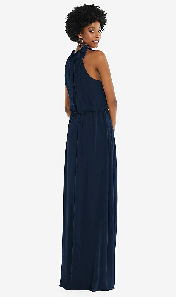 Back View - Midnight Navy Scarf Tie High Neck Blouson Bodice Maxi Dress with Front Slit