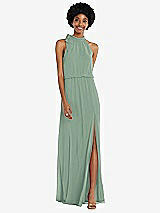 Front View Thumbnail - Seagrass Scarf Tie High Neck Blouson Bodice Maxi Dress with Front Slit