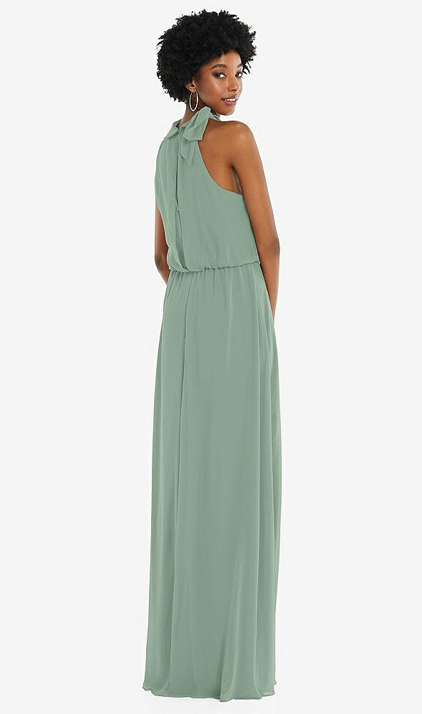 Back View - Seagrass Scarf Tie High Neck Blouson Bodice Maxi Dress with Front Slit