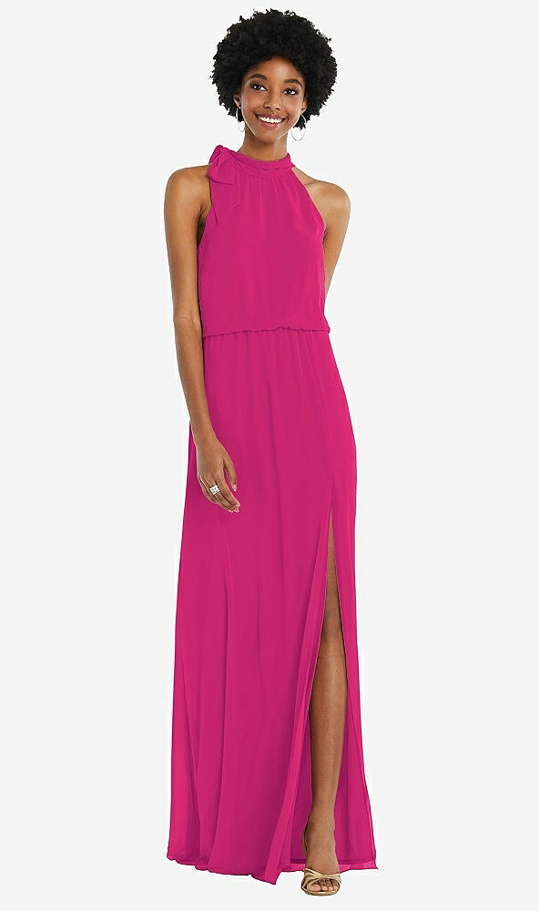 Front View - Think Pink Scarf Tie High Neck Blouson Bodice Maxi Dress with Front Slit