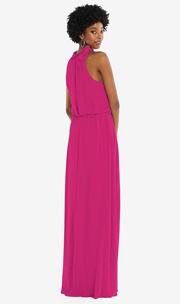 Back View - Think Pink Scarf Tie High Neck Blouson Bodice Maxi Dress with Front Slit