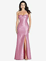 Front View Thumbnail - Powder Pink Bow Cuff Strapless Princess Waist Trumpet Gown