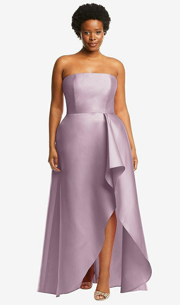 Front View - Suede Rose Strapless Satin Gown with Draped Front Slit and Pockets