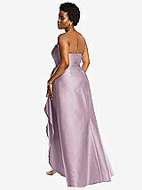 Rear View Thumbnail - Suede Rose Strapless Satin Gown with Draped Front Slit and Pockets