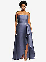 Front View Thumbnail - French Blue Strapless Satin Gown with Draped Front Slit and Pockets