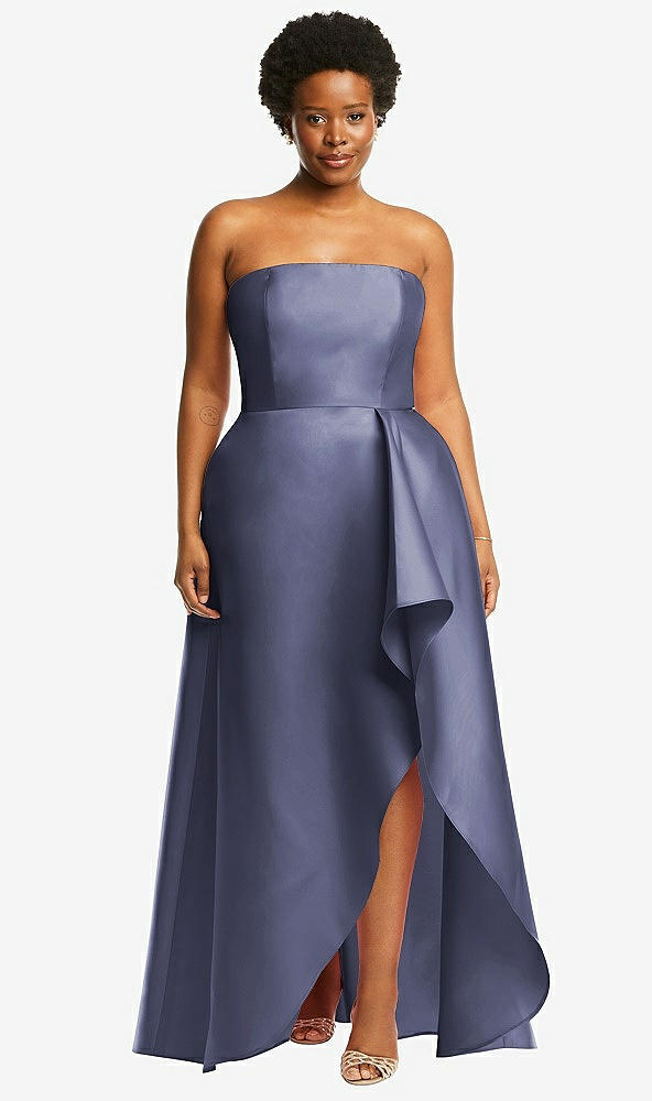 Front View - French Blue Strapless Satin Gown with Draped Front Slit and Pockets