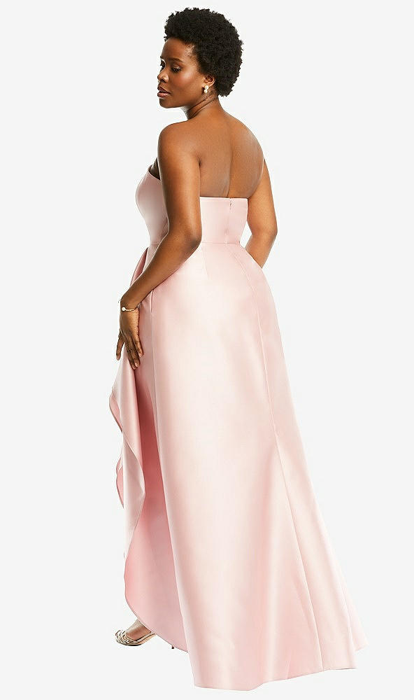 Back View - French Blue Strapless Satin Gown with Draped Front Slit and Pockets