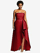Front View Thumbnail - Garnet Strapless Satin Gown with Draped Front Slit and Pockets