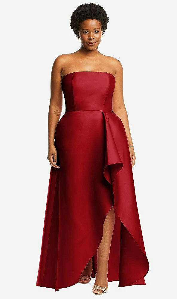 Front View - Garnet Strapless Satin Gown with Draped Front Slit and Pockets