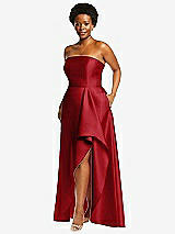 Side View Thumbnail - Garnet Strapless Satin Gown with Draped Front Slit and Pockets