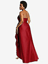 Rear View Thumbnail - Garnet Strapless Satin Gown with Draped Front Slit and Pockets