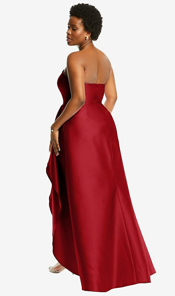Back View - Garnet Strapless Satin Gown with Draped Front Slit and Pockets