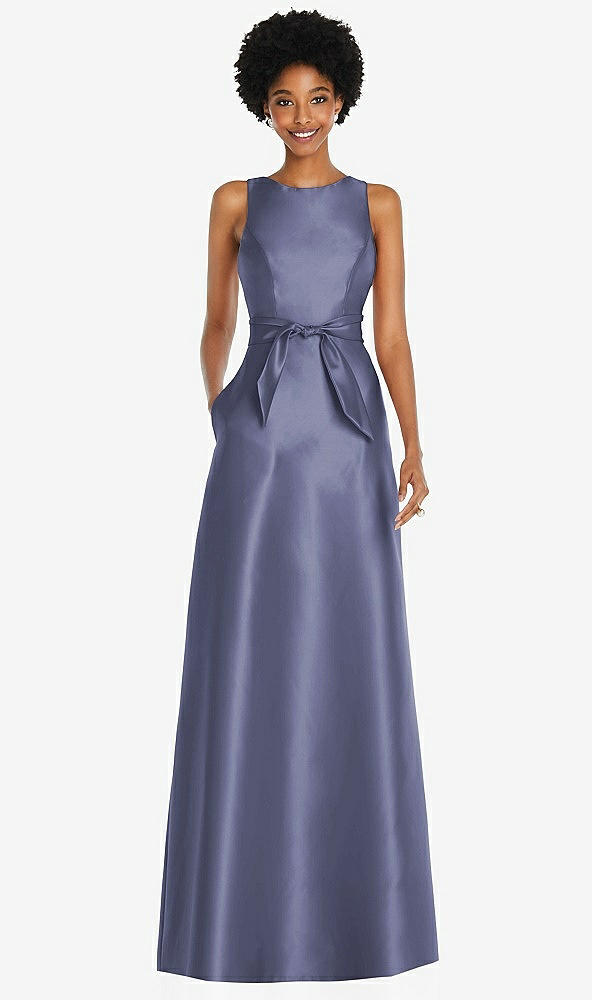 Front View - French Blue Jewel-Neck V-Back Maxi Dress with Mini Sash