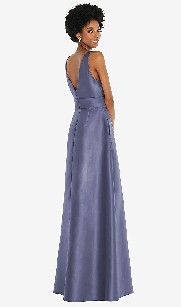 Back View - French Blue Jewel-Neck V-Back Maxi Dress with Mini Sash