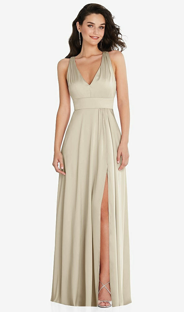 Front View - Champagne Shirred Shoulder Criss Cross Back Maxi Dress with Front Slit