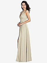 Side View Thumbnail - Champagne Shirred Shoulder Criss Cross Back Maxi Dress with Front Slit