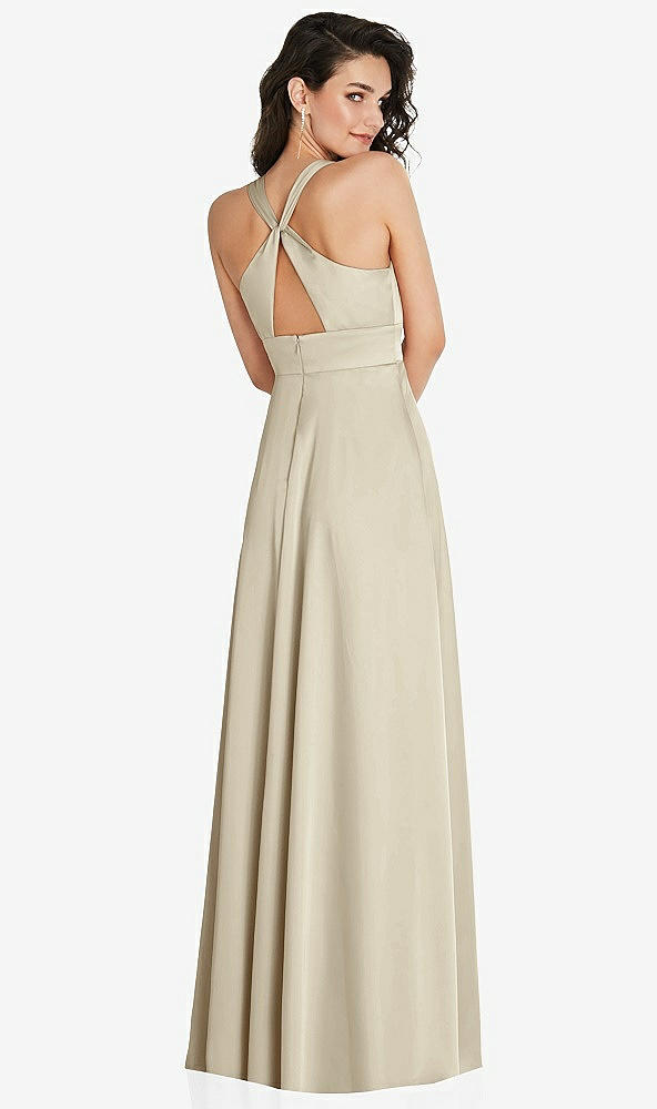 Back View - Champagne Shirred Shoulder Criss Cross Back Maxi Dress with Front Slit