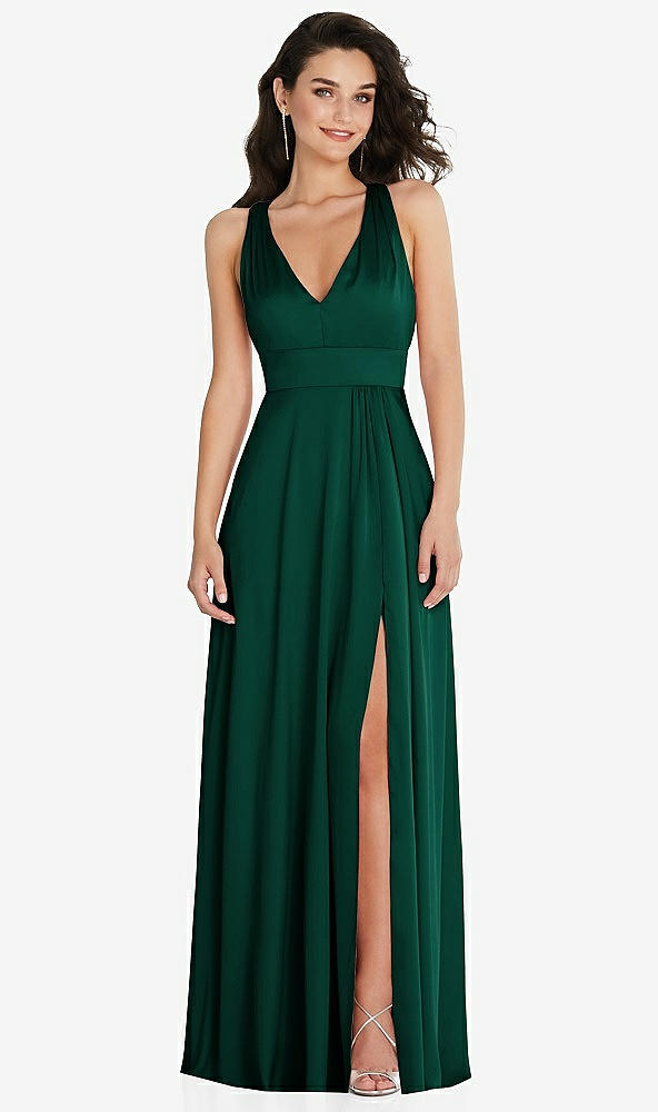 Front View - Hunter Green Shirred Shoulder Criss Cross Back Maxi Dress with Front Slit