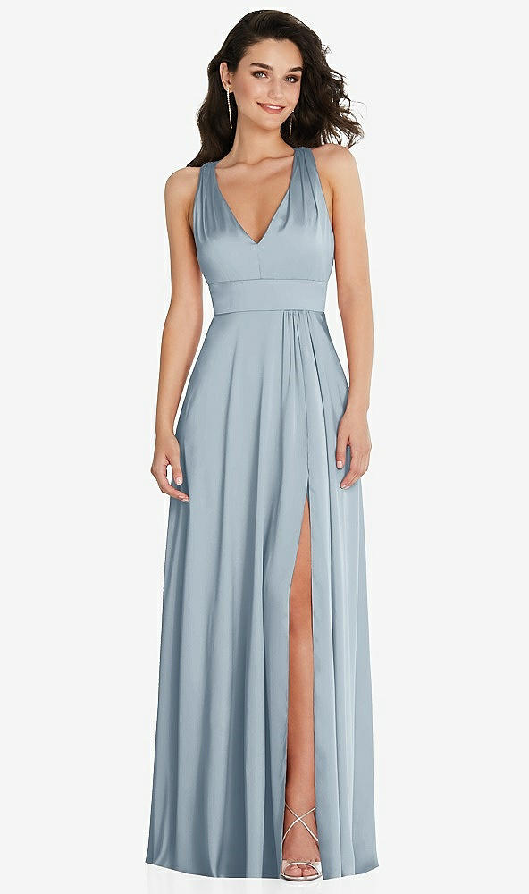 Front View - Mist Shirred Shoulder Criss Cross Back Maxi Dress with Front Slit