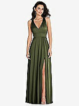 Front View Thumbnail - Olive Green Shirred Shoulder Criss Cross Back Maxi Dress with Front Slit