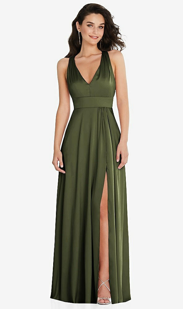 Front View - Olive Green Shirred Shoulder Criss Cross Back Maxi Dress with Front Slit