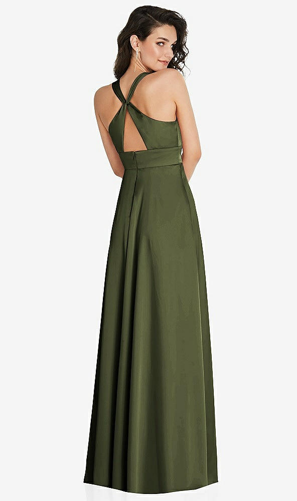 Back View - Olive Green Shirred Shoulder Criss Cross Back Maxi Dress with Front Slit