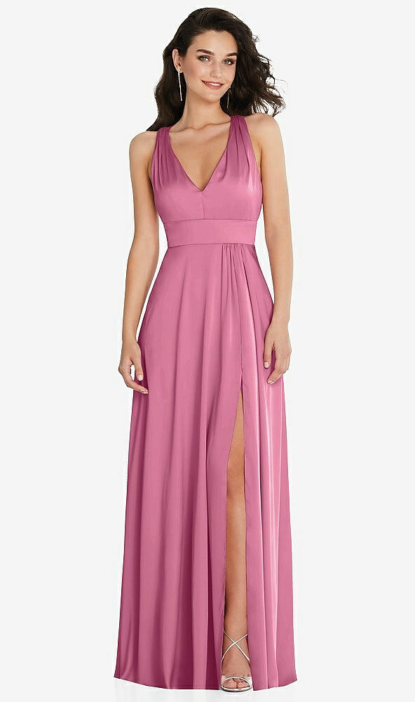 Front View - Orchid Pink Shirred Shoulder Criss Cross Back Maxi Dress with Front Slit