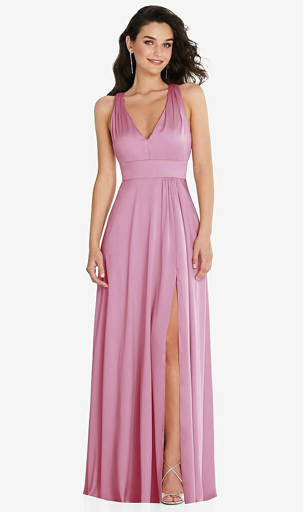 Front View - Powder Pink Shirred Shoulder Criss Cross Back Maxi Dress with Front Slit