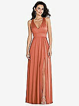 Front View Thumbnail - Terracotta Copper Shirred Shoulder Criss Cross Back Maxi Dress with Front Slit