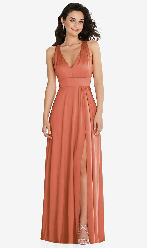 Front View - Terracotta Copper Shirred Shoulder Criss Cross Back Maxi Dress with Front Slit