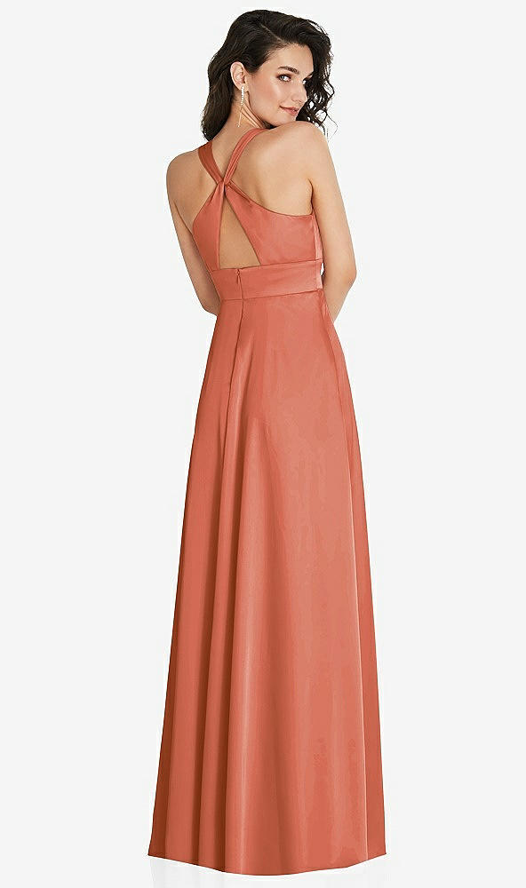 Back View - Terracotta Copper Shirred Shoulder Criss Cross Back Maxi Dress with Front Slit