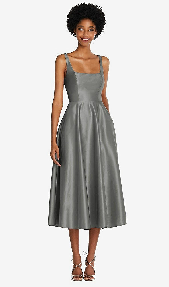 Front View - Charcoal Gray Square Neck Full Skirt Satin Midi Dress with Pockets