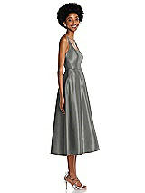 Side View Thumbnail - Charcoal Gray Square Neck Full Skirt Satin Midi Dress with Pockets
