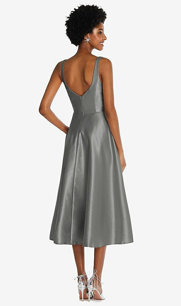 Back View - Charcoal Gray Square Neck Full Skirt Satin Midi Dress with Pockets