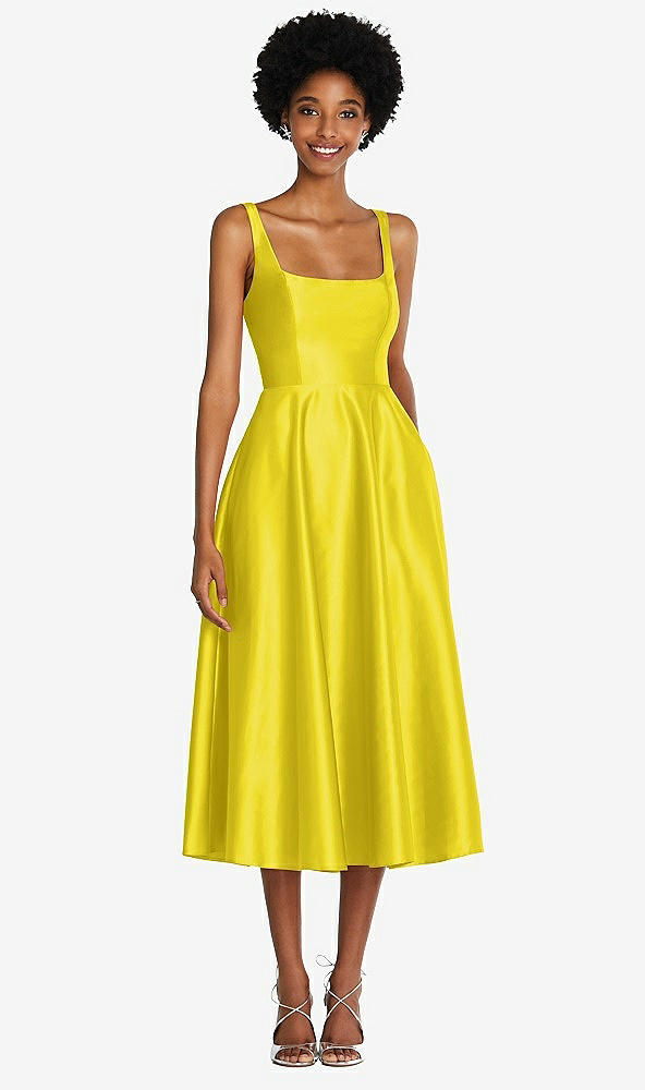 Front View - Citrus Square Neck Full Skirt Satin Midi Dress with Pockets