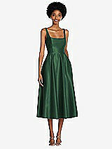 Front View Thumbnail - Hampton Green Square Neck Full Skirt Satin Midi Dress with Pockets