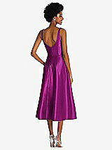 Rear View Thumbnail - Persian Plum Square Neck Full Skirt Satin Midi Dress with Pockets