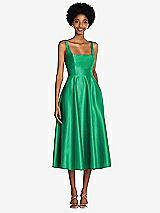 Front View Thumbnail - Pantone Emerald Square Neck Full Skirt Satin Midi Dress with Pockets