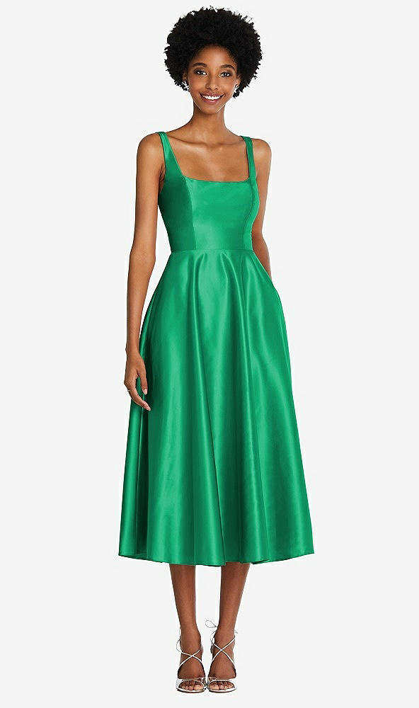 Front View - Pantone Emerald Square Neck Full Skirt Satin Midi Dress with Pockets