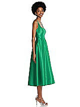 Side View Thumbnail - Pantone Emerald Square Neck Full Skirt Satin Midi Dress with Pockets