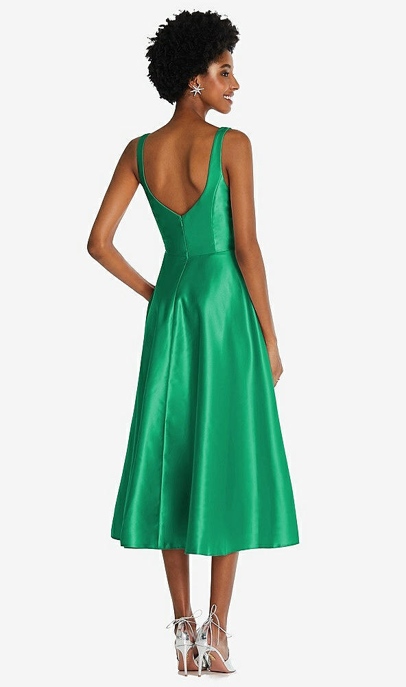 Back View - Pantone Emerald Square Neck Full Skirt Satin Midi Dress with Pockets