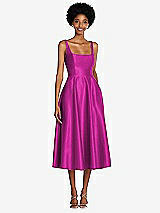 Front View Thumbnail - American Beauty Square Neck Full Skirt Satin Midi Dress with Pockets