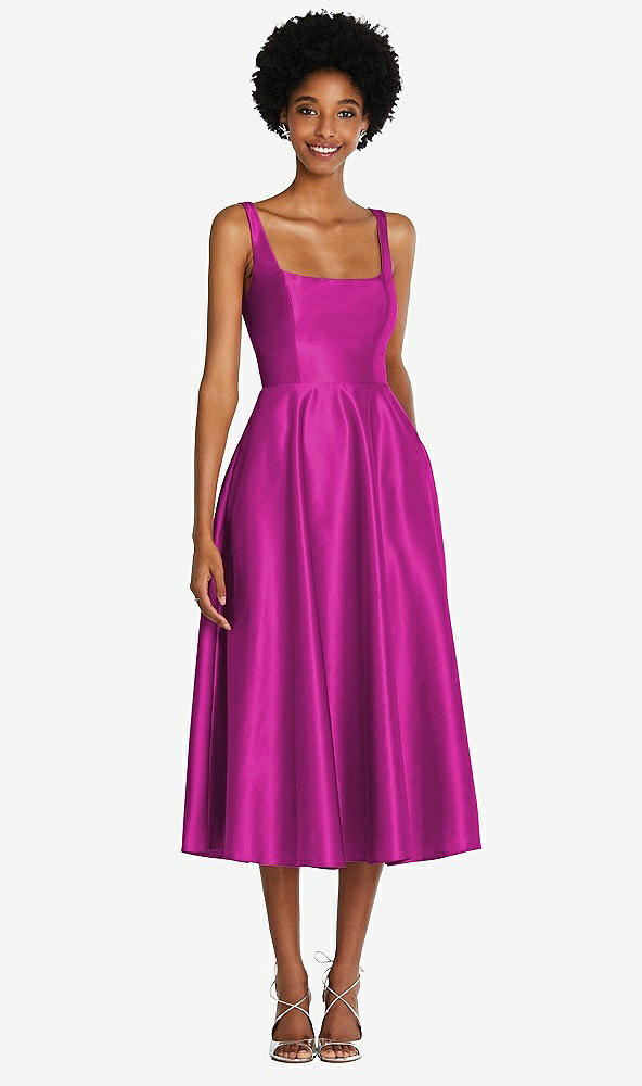 Front View - American Beauty Square Neck Full Skirt Satin Midi Dress with Pockets