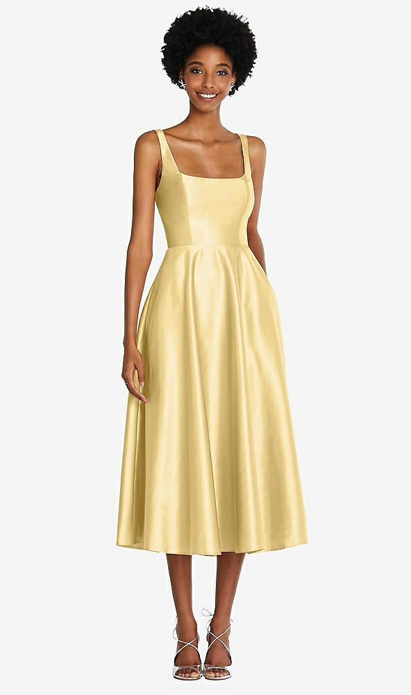Front View - Buttercup Square Neck Full Skirt Satin Midi Dress with Pockets