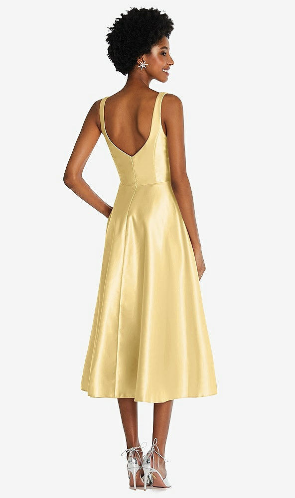 Back View - Buttercup Square Neck Full Skirt Satin Midi Dress with Pockets