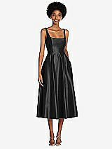 Front View Thumbnail - Black Square Neck Full Skirt Satin Midi Dress with Pockets