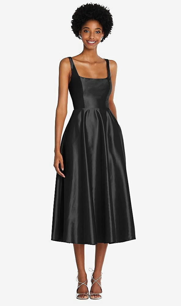 Front View - Black Square Neck Full Skirt Satin Midi Dress with Pockets