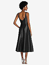 Rear View Thumbnail - Black Square Neck Full Skirt Satin Midi Dress with Pockets
